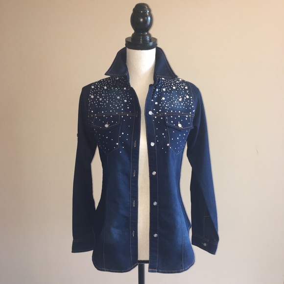 Tops - Womens Rhinestone Studded Western Dark Denim Shirt